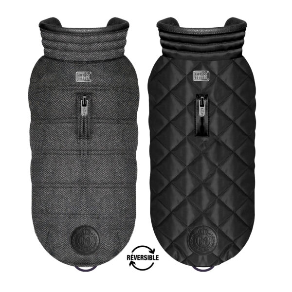 Milk & Pepper Snygg Vändbar Hundjacka, Svart/Grå Fiskben Pet Parent